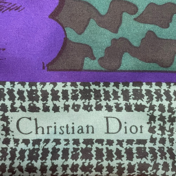 Christian Dior 100% Silk Scarf Green Purple Paisley Floral Square Vintage - Picture 4 of 7